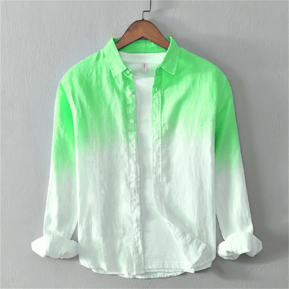 Men's clothing linen casual comfortable long sleeve shirt fashionable gradient trendy men's clothing oversized design