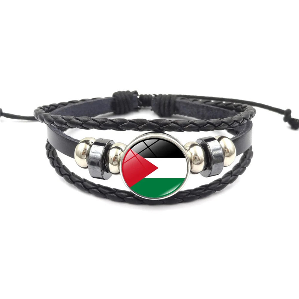 Palestinian Flag Bracelet Fashion Leather Braided Bracelets Glass Cabochon Bracelets Palestinian Souvenir Bracelets Jewelry Gift