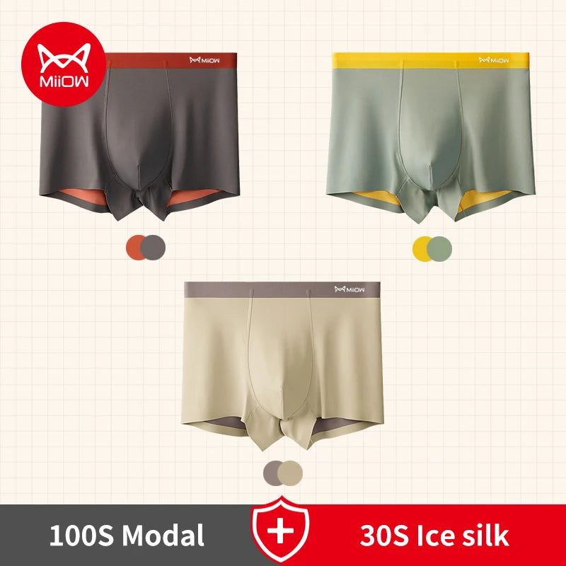 MiiOW 3Pcs 100S Modal Men Boxers Underwear Silky Ice Silk Men's Panties Boxershorts 5A Antibacterial Breathable Man Underpants