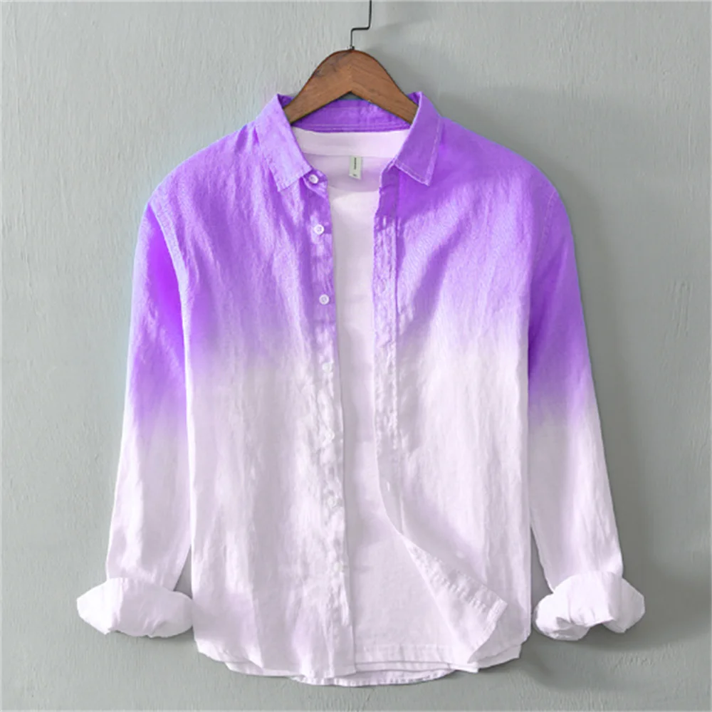 Men's clothing linen casual comfortable long sleeve shirt fashionable gradient trendy men's clothing oversized design