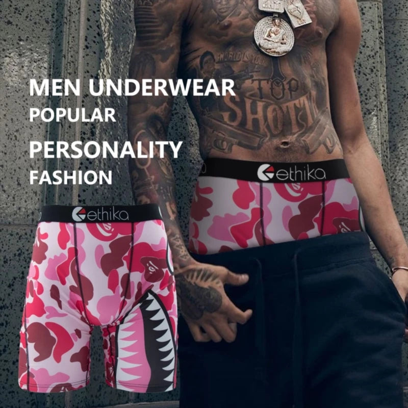 ETHIKA 1Pcs Men Underwear Boxers Breathable Mesh Crotch Man Underpants Mens Panties Plus Size Printed Men's Boxershorts Trunks