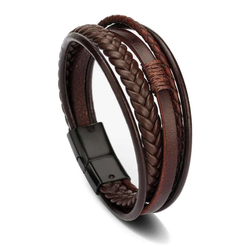 Trendy  Leather Bracelets Men Stainless Steel Multilayer Braided Rope Bracelets For Male Bracelets Jewelry Pulsera Hombre