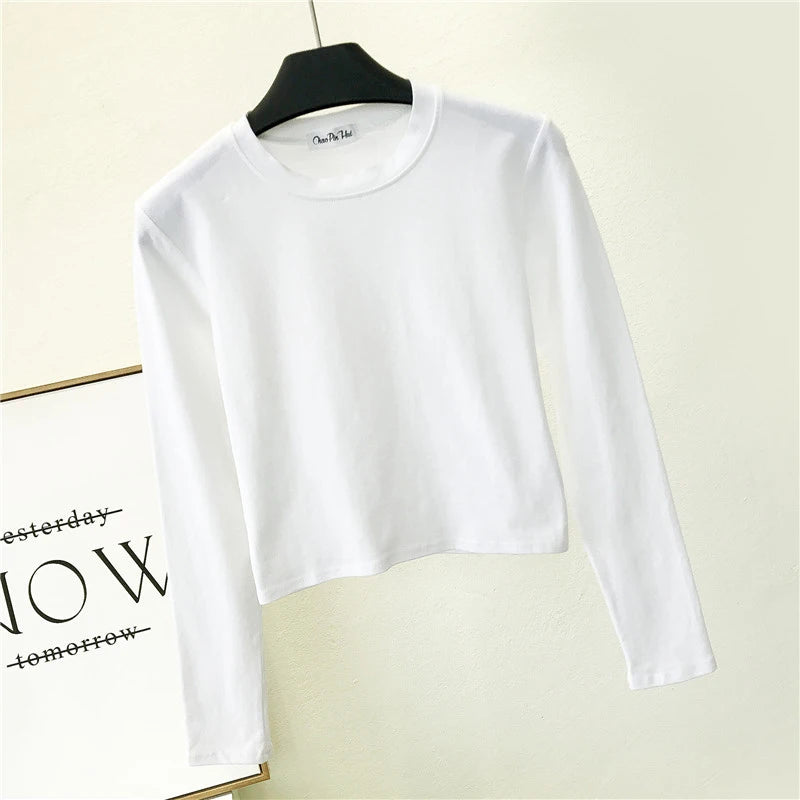 Sexy Black  Women's Clothing O-Neck Long Sleeve Navel Autumn Base Women's Clothing Fashion Casual Ropa Mujer