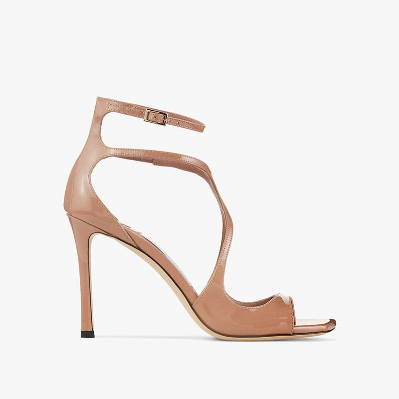 Patent Leather Solid Color Square Toe Thin Heels Hollow Ankle Strap Sandals Super High Heel Open Toe Outdoor Casual Women Sandal