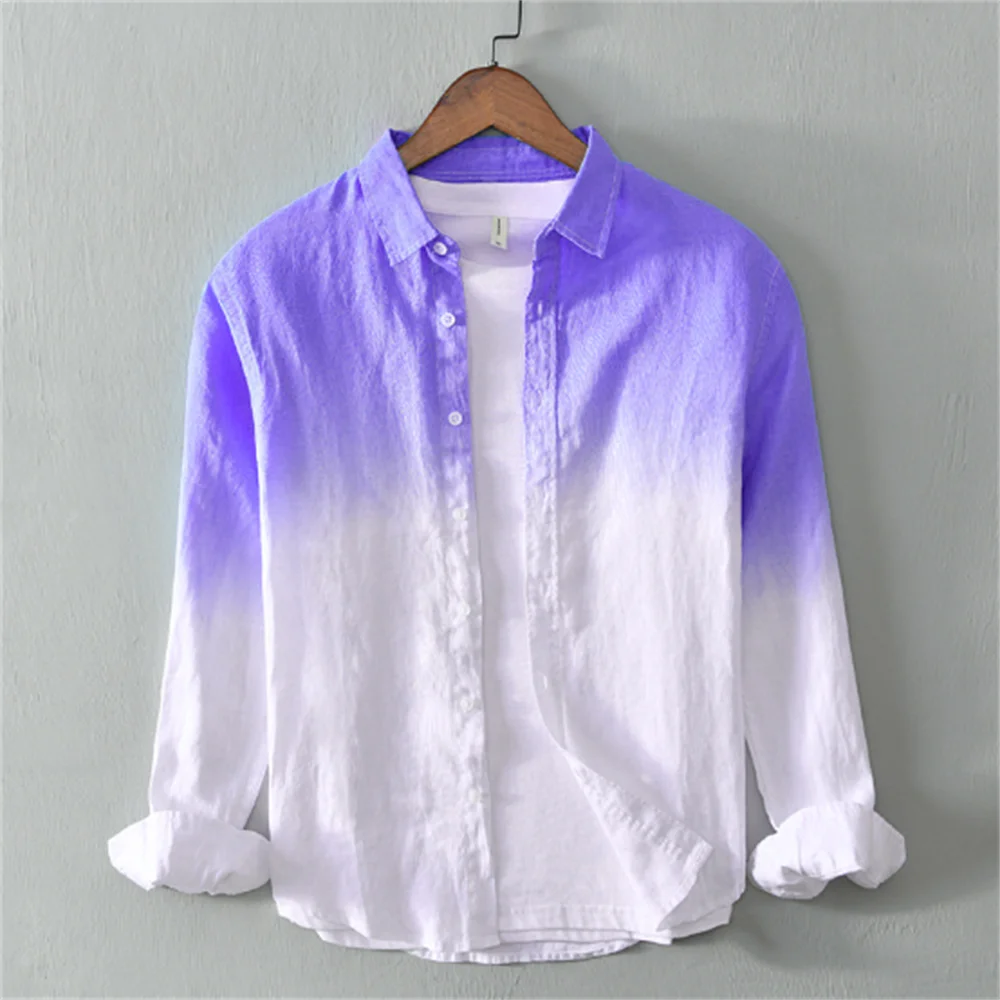 Men's clothing linen casual comfortable long sleeve shirt fashionable gradient trendy men's clothing oversized design