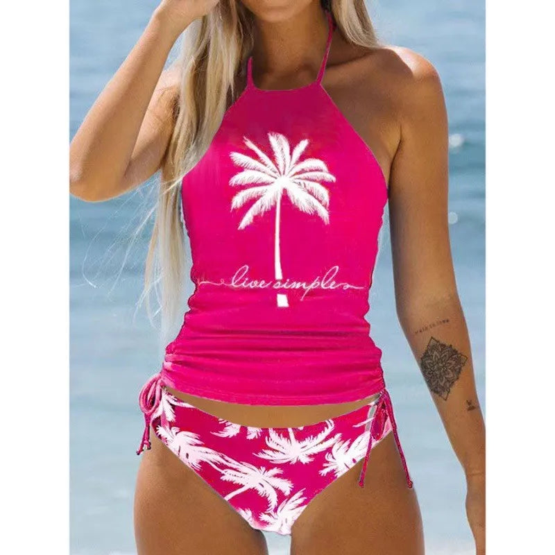 Bikinis Set Tied Halter Swimsuit Women Swimwear Biquinis Backless Beach Bathing Suit Drawstring Side Halter Neck Tankini Set