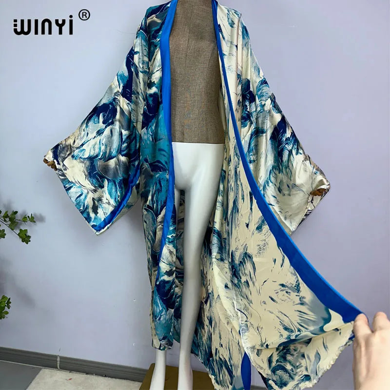 WINYI kimono Africa summer boho print Bikini Cover-up Elegant fashion Cardigan sexy Holiday long Sleeve silk feeling maxi dress