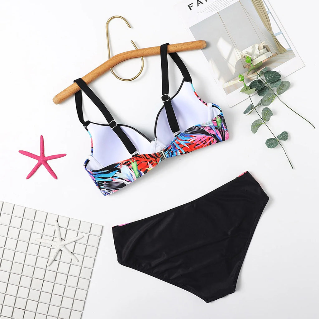 Sexy Print Split Swimsuit Fashion Steel Support Separate Two-Piece Bikini Sets Beach Pool Bather Holiday Back Buckle Swimwears