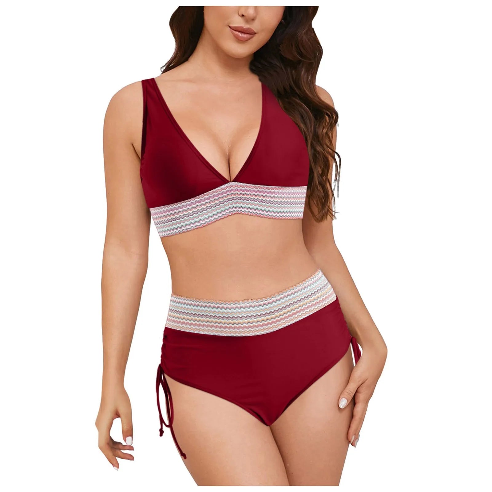 Swimwear Plus Size Women Women High Waisted Bikini Sets Swimsuits Color Block Two Piece Drawstring купальники жіночий 2025