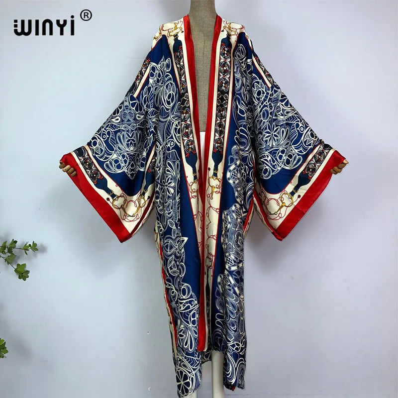 WINYI kimono Africa summer boho print Bikini Cover-up Elegant fashion Cardigan sexy Holiday long Sleeve silk feeling maxi dress