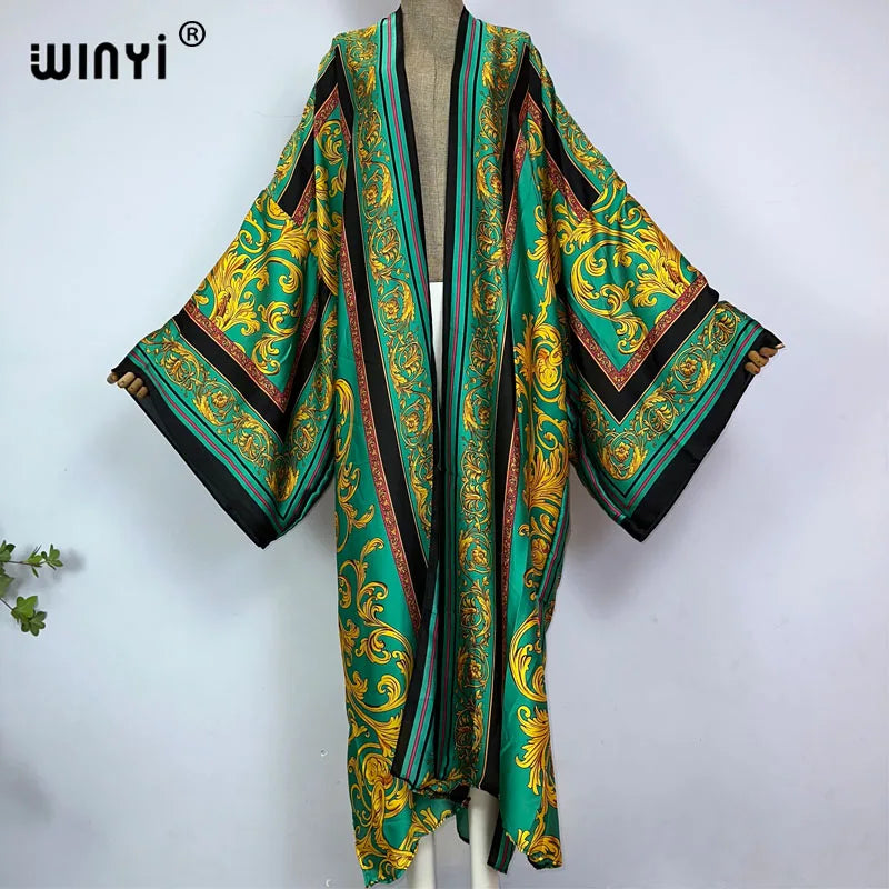 WINYI kimono Africa summer boho print Bikini Cover-up Elegant fashion Cardigan sexy Holiday long Sleeve silk feeling maxi dress