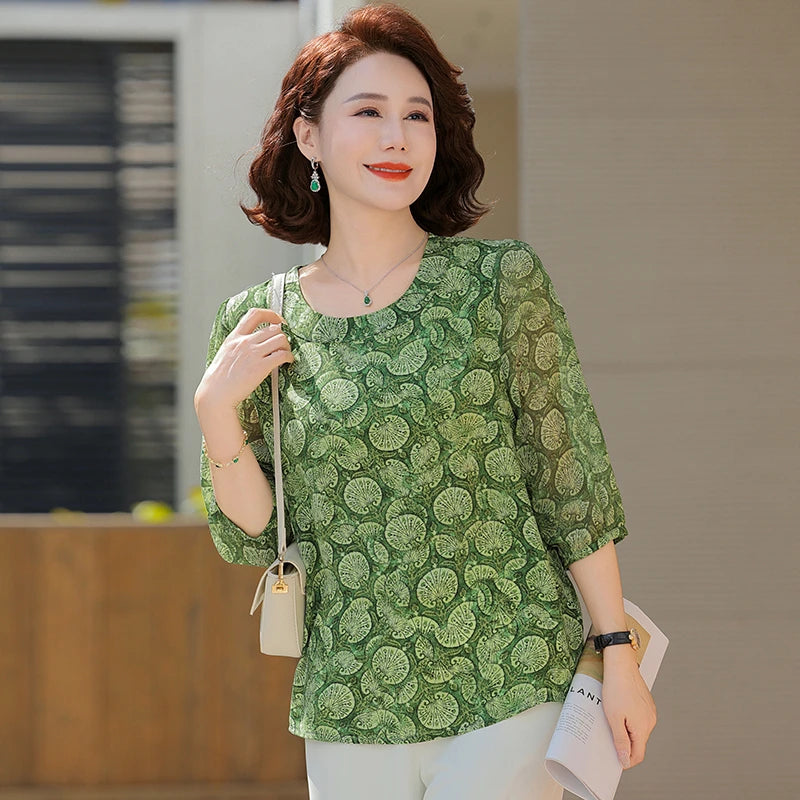 New Vintage Chiffon Women's Clothing Korean Pullovers Women's Clothing Summer Printing half sleeve Tops O-neck T-Shirts