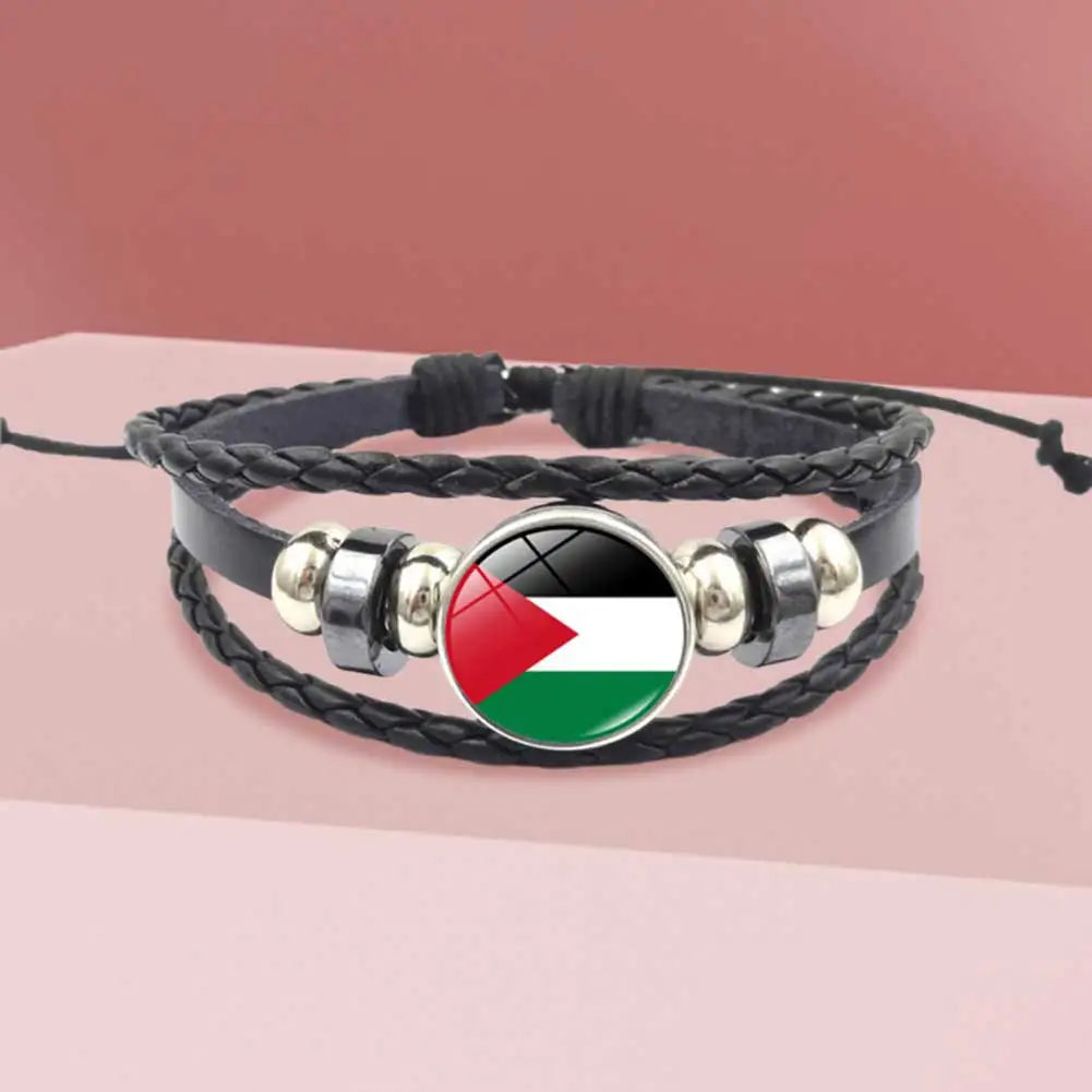 Palestinian Flag Bracelet Fashion Leather Braided Bracelets Glass Cabochon Bracelets Palestinian Souvenir Bracelets Jewelry Gift