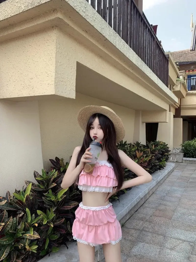 Bikini Sets Women Kawaii Girlish Leisure Beachwear Patchwork Sexy Ruffles Japan Style Summer Students Young Stylish Chic Mujer