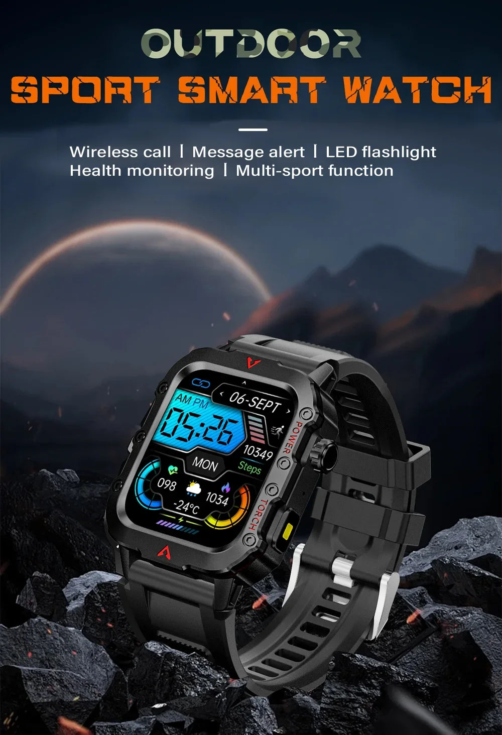 2024 Military Montres Hommes Smartwatch LED Outdoor Sports Watches For Men Women 1.73inch Bluetooth reloj hombre Smart Watch