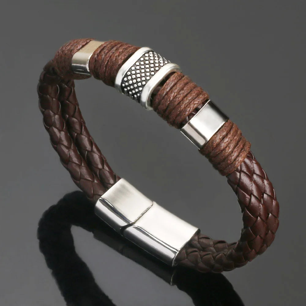 Trendy  Leather Bracelets Men Stainless Steel Multilayer Braided Rope Bracelets For Male Bracelets Jewelry Pulsera Hombre