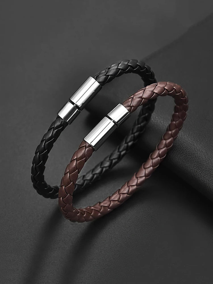 2PCS Brown Black Two Magnetic Fastening Leather Bracelets, Men's Bracelets, Men's Bracelets