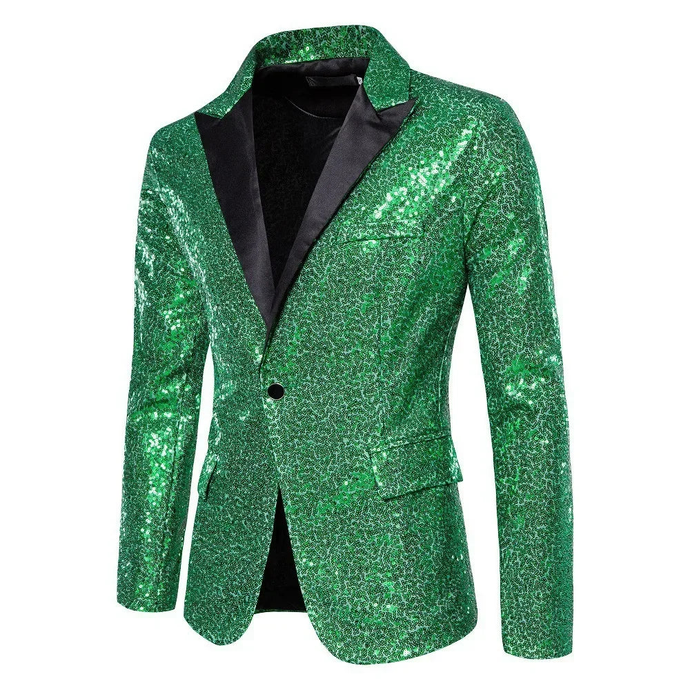 Nightclub Men's Clothing Long Sleeve Sequined Blazer Jacket Single Button Solid Color