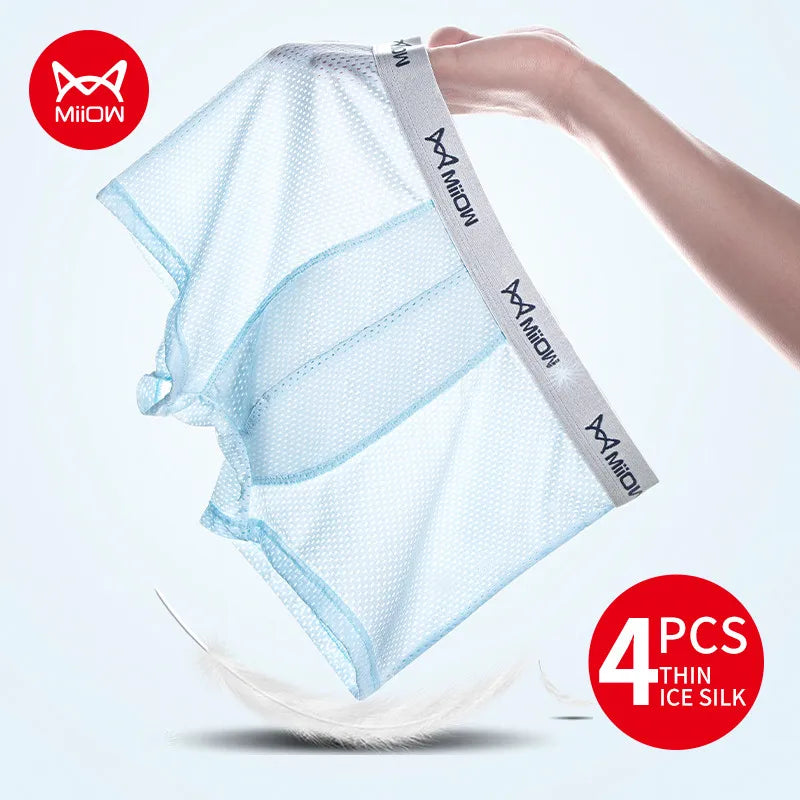 MiiOW 4Pcs Ice Silk Men Underwear Boxer 7A Antibacterial Crotch Men's Panties Breathable Mesh Man Underpants Sexy Boxer Briefs