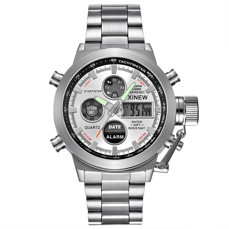 Montre Homme Men Original XINEW Brand Watches Fashion Casual Alloy Band Dual Time Electronic Watch Black Relogio Masculino 2024