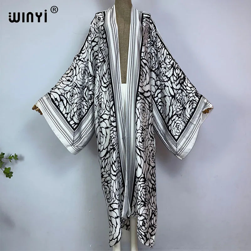 WINYI kimono Africa summer boho print Bikini Cover-up Elegant fashion Cardigan sexy Holiday long Sleeve silk feeling maxi dress