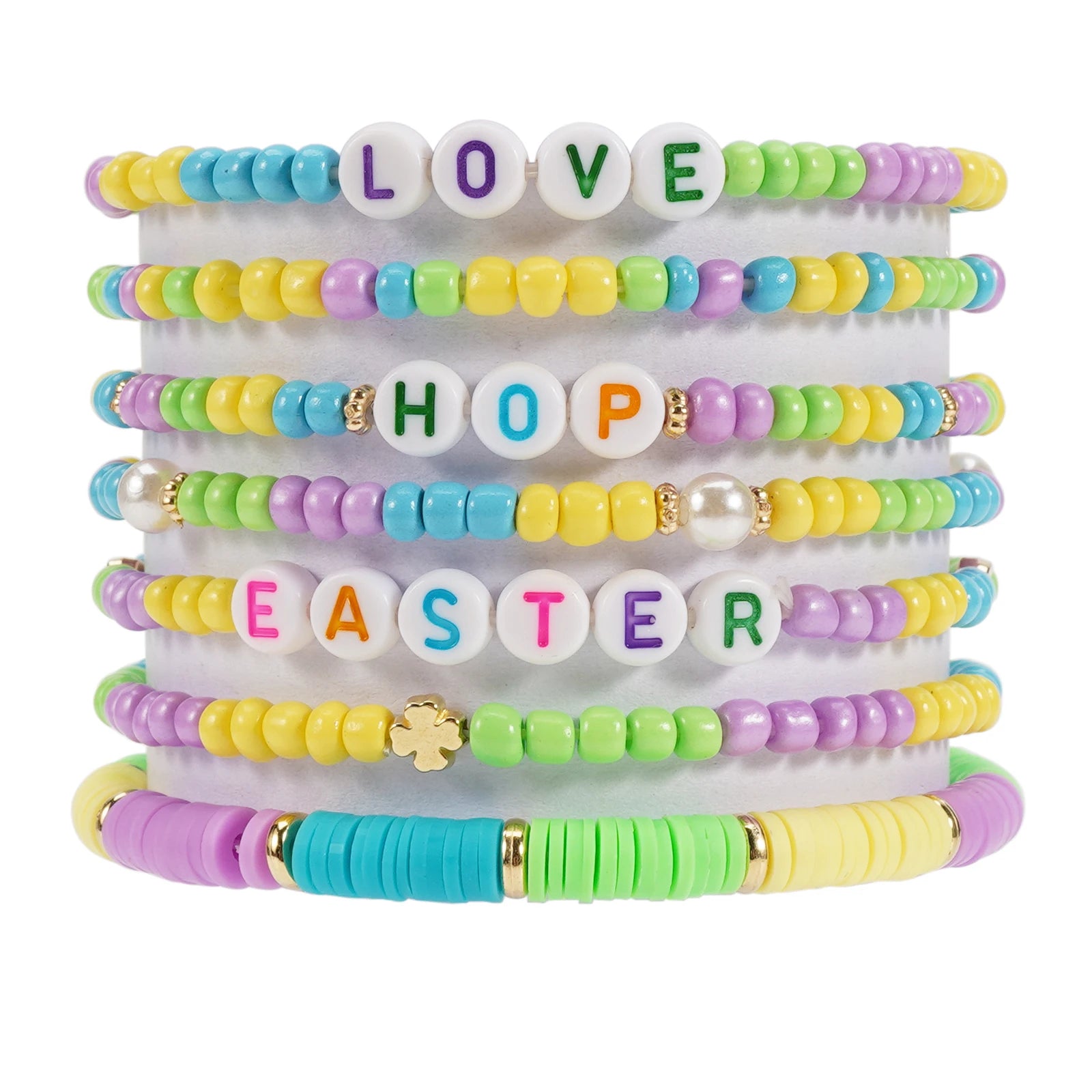 Easter Bracelets Set Colorful Stackable clay Beaded Stretch Bracelets Boho Vinyl Disc Bracelets for Women