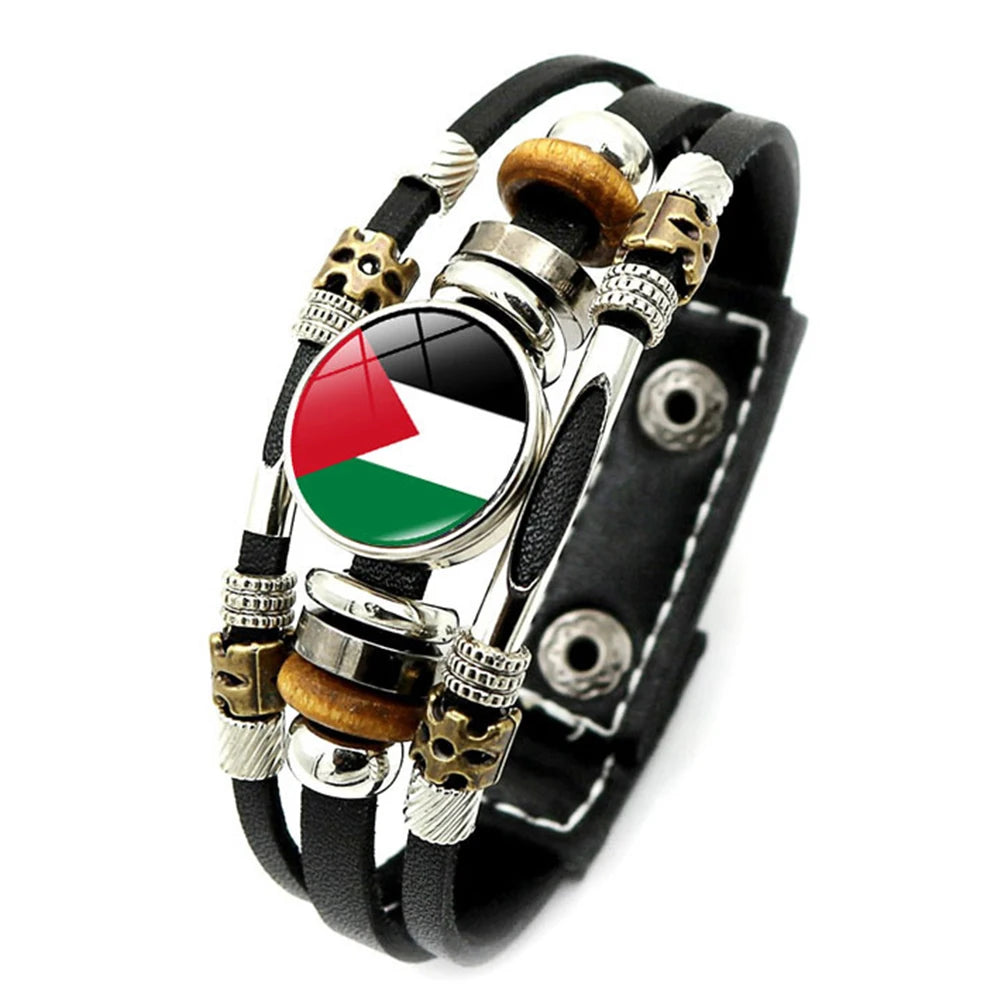 Palestinian Flag Bracelet Fashion Leather Braided Bracelets Glass Cabochon Bracelets Palestinian Souvenir Bracelets Jewelry Gift