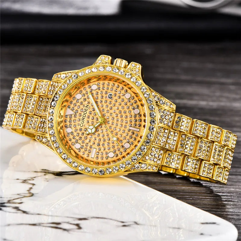 Montre Homme Men Famous Brand Watches Hip Hop Diamond Fashion Casual Golden Luxury Date Quartz Vintage Watch Silver Reloj Hombre
