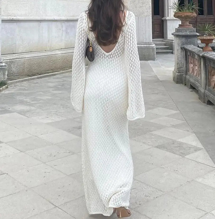 Sexy Women Long Knit Beach Dress Hollow-Out Deep V-Neck Long Sleeve Bikini Cover-Ups Dress Fall Backless Holiday Dress