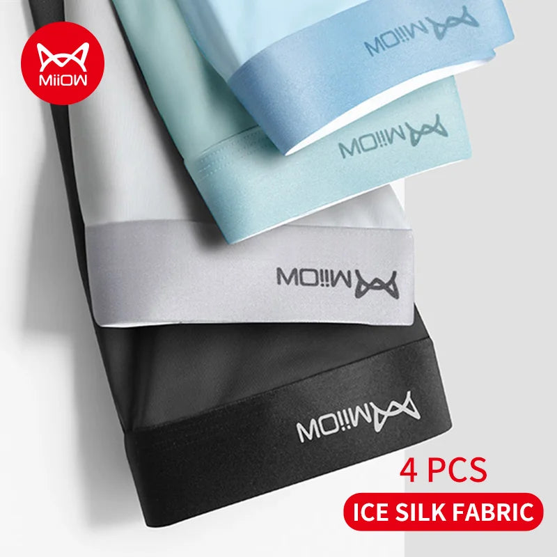 MiiOW 4Pcs Men Boxer Shorts Graphene Antibacterial Ice Silk Men Underwear Man Underpants Seamless Breathable Mens Panties L-5XL