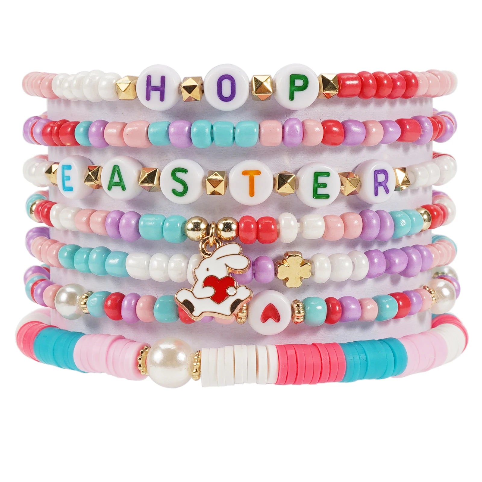 Easter Bracelets Set Colorful Stackable clay Beaded Stretch Bracelets Boho Vinyl Disc Bracelets for Women