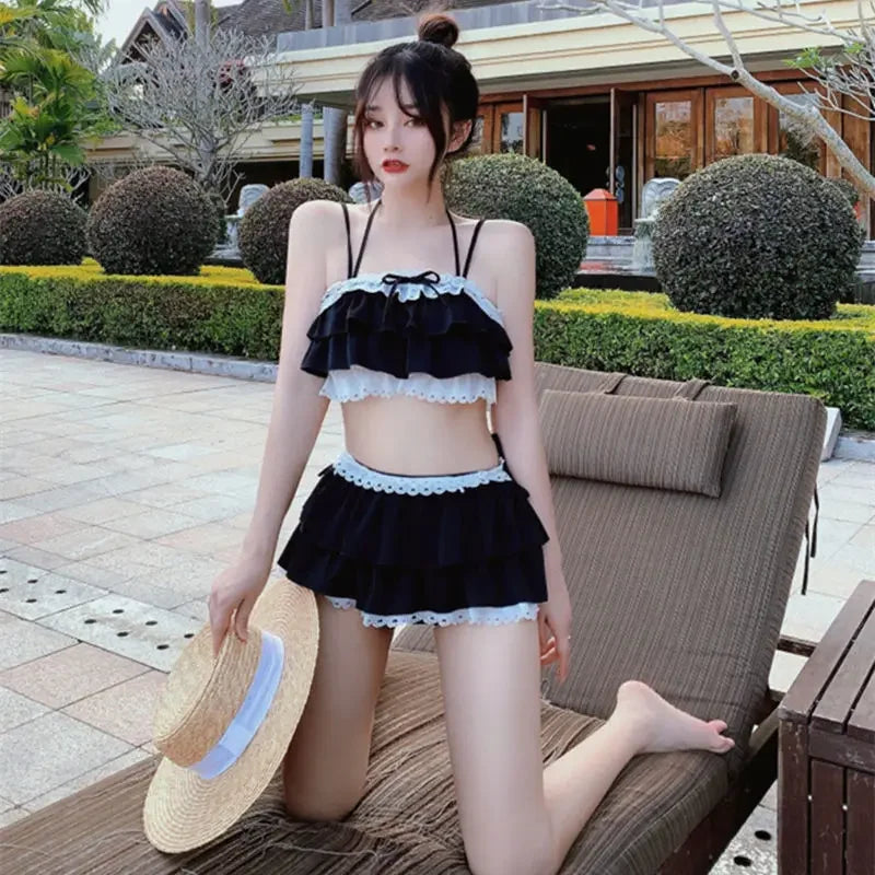 Bikini Sets Women Kawaii Girlish Leisure Beachwear Patchwork Sexy Ruffles Japan Style Summer Students Young Stylish Chic Mujer