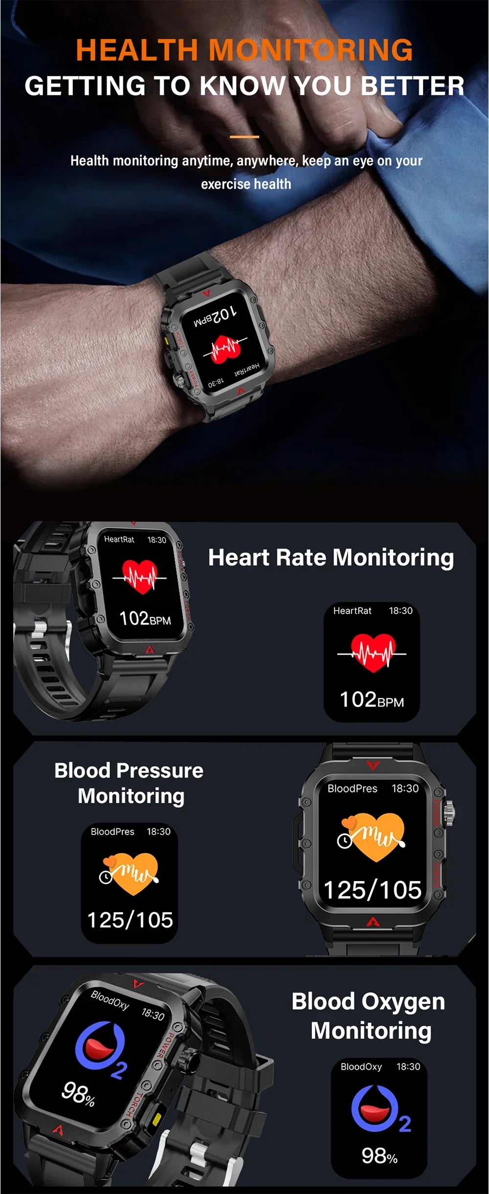 2024 Military Montres Hommes Smartwatch LED Outdoor Sports Watches For Men Women 1.73inch Bluetooth reloj hombre Smart Watch