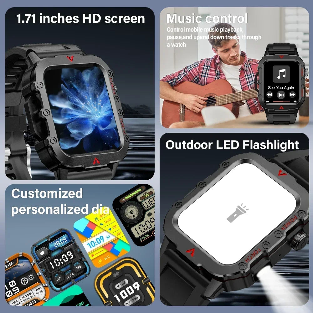 2024 Military Montres Hommes Smartwatch LED Outdoor Sports Watches For Men Women 1.73inch Bluetooth reloj hombre Smart Watch