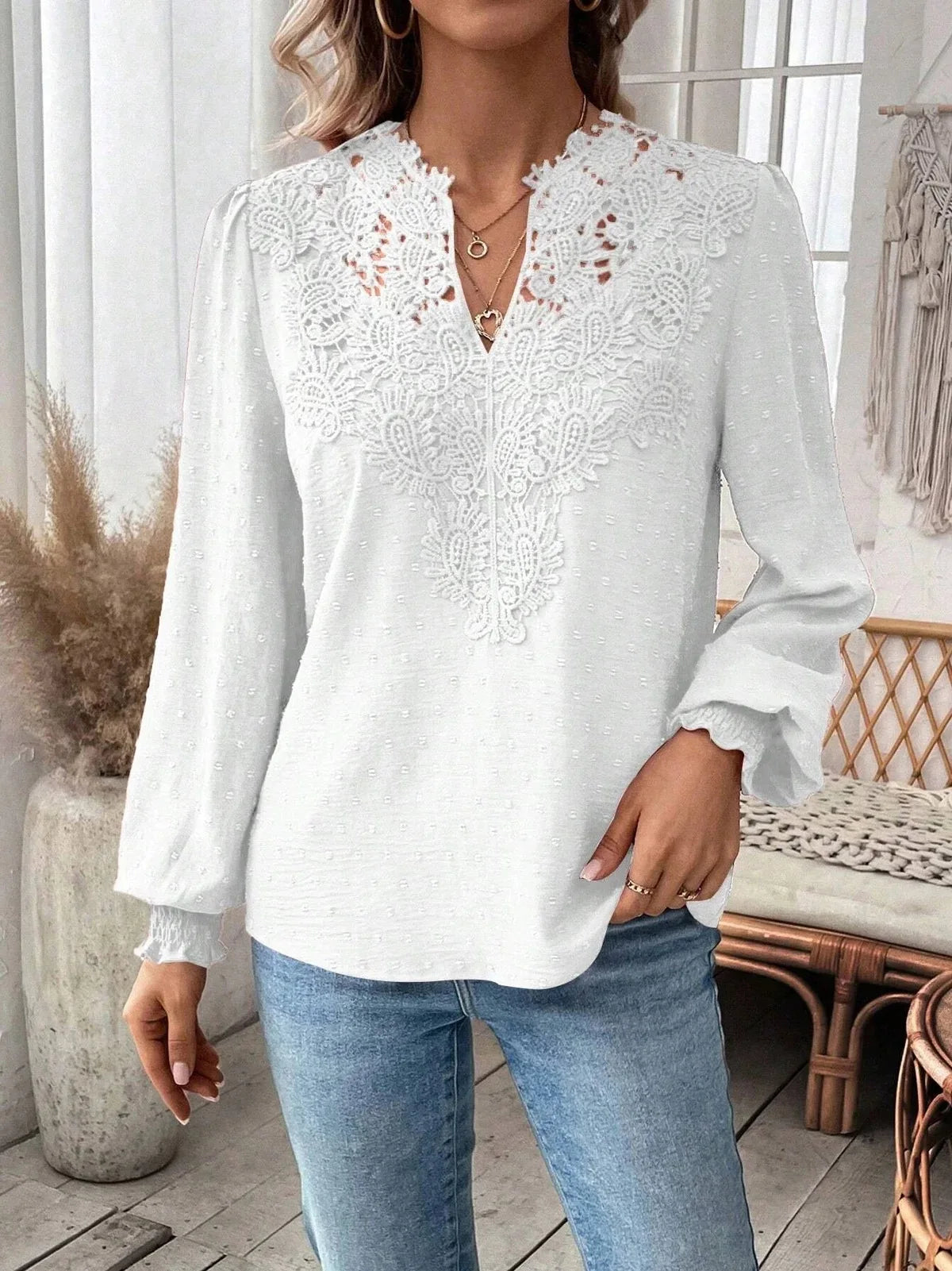 2024 Autumn Women's Clothing New Sexy V-neck Fashionable Lace Patchwork Solid Color Shirt Long Sleeved Shirt Women's Clothing