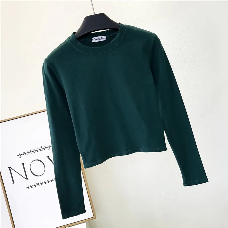 Sexy Black  Women's Clothing O-Neck Long Sleeve Navel Autumn Base Women's Clothing Fashion Casual Ropa Mujer