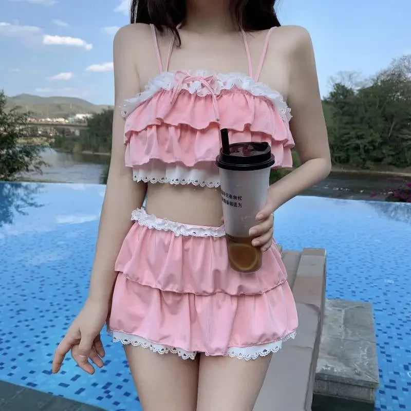Bikini Sets Women Kawaii Girlish Leisure Beachwear Patchwork Sexy Ruffles Japan Style Summer Students Young Stylish Chic Mujer