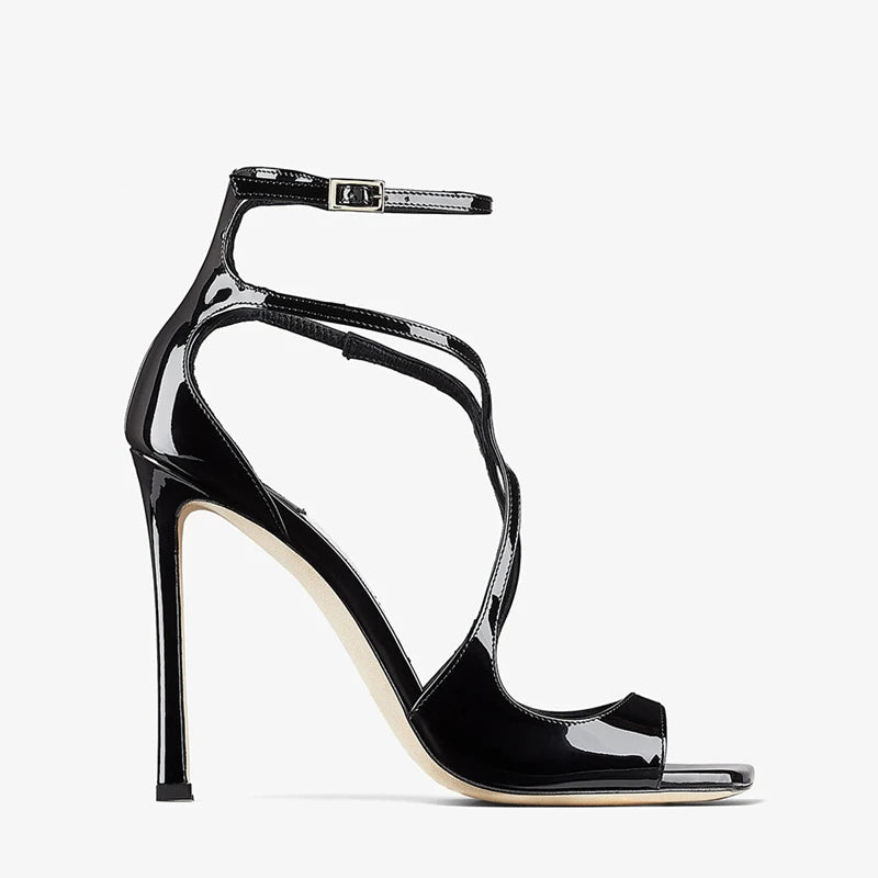 Patent Leather Solid Color Square Toe Thin Heels Hollow Ankle Strap Sandals Super High Heel Open Toe Outdoor Casual Women Sandal