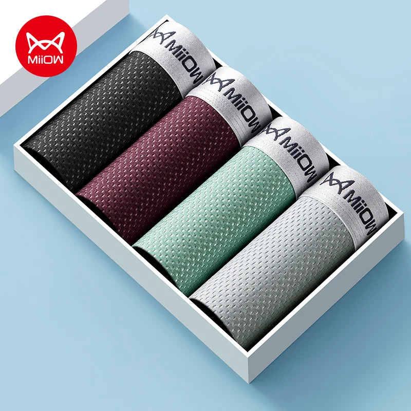 MiiOW 4Pcs Ice Silk Men Underwear Boxer 7A Antibacterial Crotch Men's Panties Breathable Mesh Man Underpants Sexy Boxer Briefs