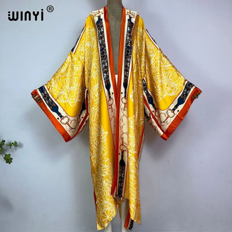 WINYI kimono Africa summer boho print Bikini Cover-up Elegant fashion Cardigan sexy Holiday long Sleeve silk feeling maxi dress