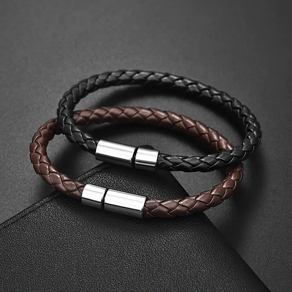 2PCS Brown Black Two Magnetic Fastening Leather Bracelets, Men's Bracelets, Men's Bracelets