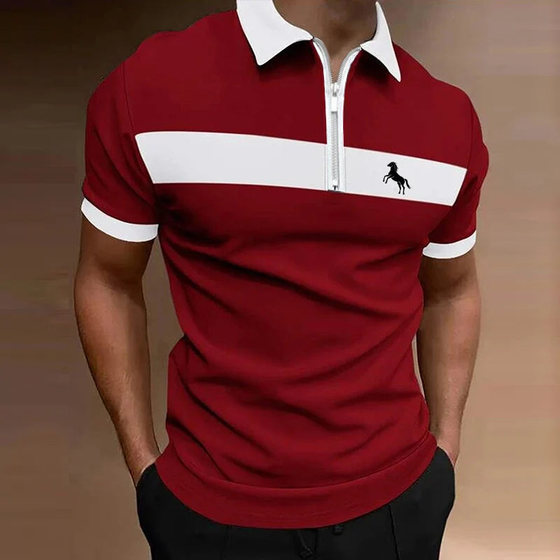 Men Clothes Summer Fashion Spell Color Zipper Polo Shirt .