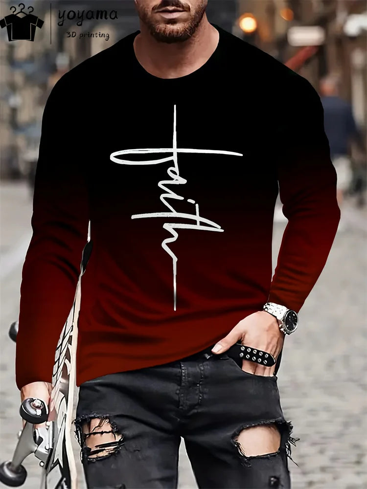 Simple Alphabet Print Men's Clothing Round Neck Men's Long Sleeve T-shirts for Men Harajuku T shirt Men Gradient Men's Clothing