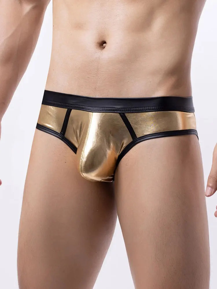 Men's Panties PU Shiny Sexy Lingerie Low Waisted Bulge Pouch Underwear Briefs New In Now Man Underpants Sissy Patchwork Panties