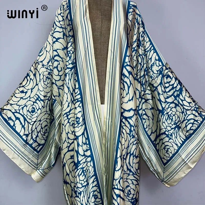 WINYI kimono Africa summer boho print Bikini Cover-up Elegant fashion Cardigan sexy Holiday long Sleeve silk feeling maxi dress