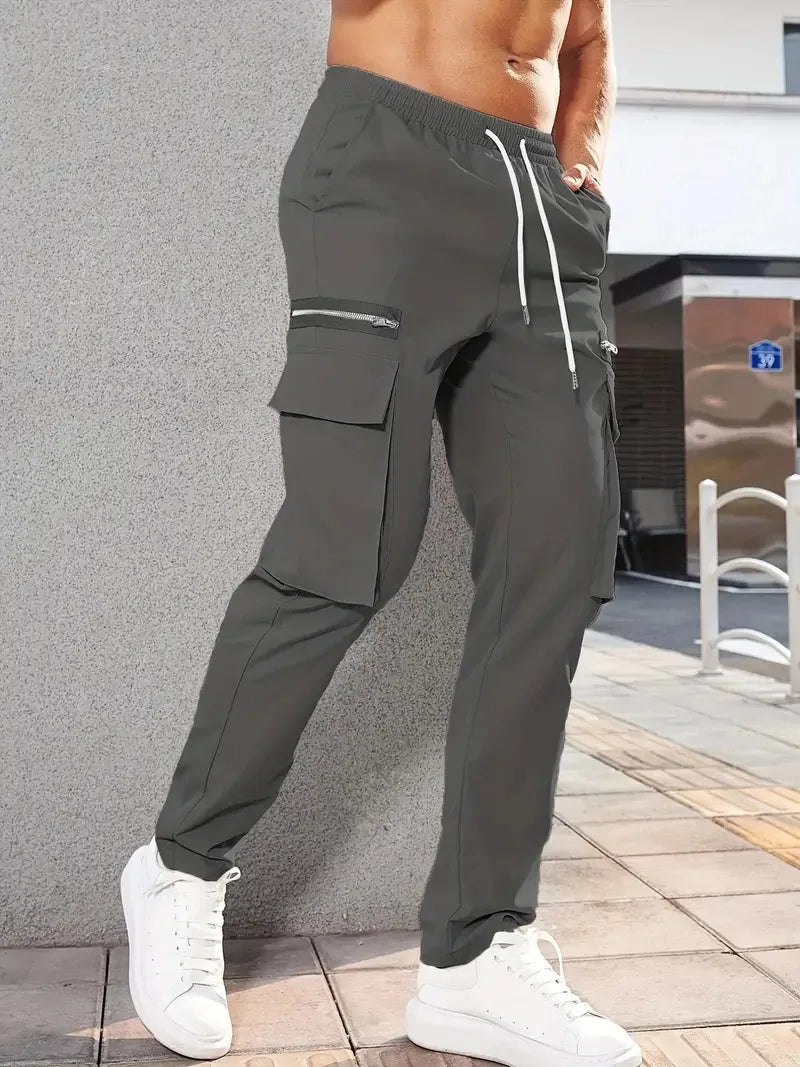 Jogger Casual Sports Zipper Decorated Cargo Pants Waist Pull Rope Men's Plus-size Braided Solid Color Zipper Cargo Pants