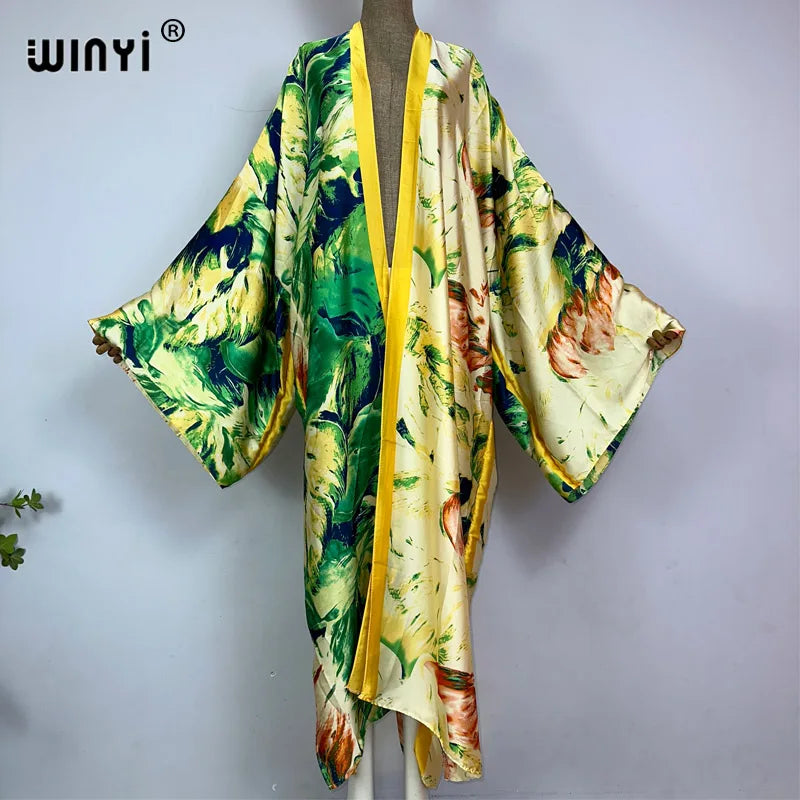 WINYI kimono Africa summer boho print Bikini Cover-up Elegant fashion Cardigan sexy Holiday long Sleeve silk feeling maxi dress