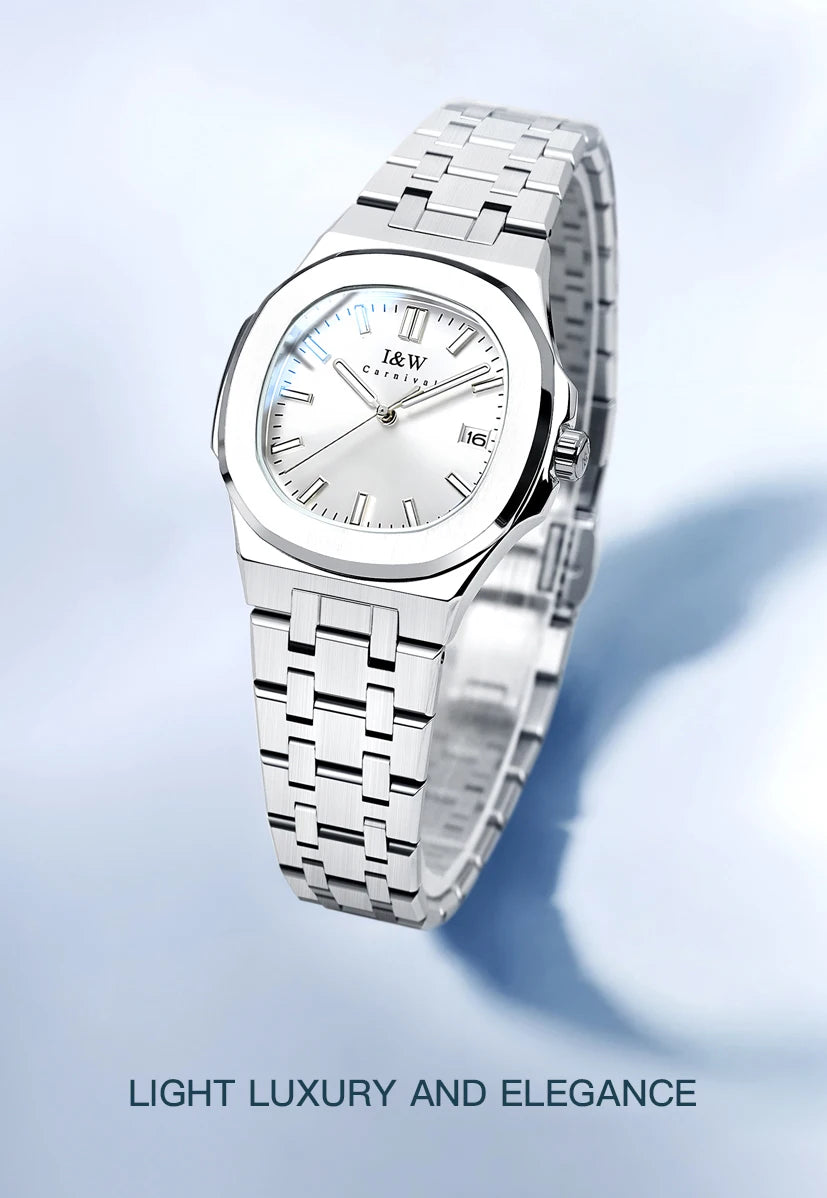 I&W Simple Quartz Watch for Women 2024 New Design Ladies Watches Sapphire Calendar Full Steel Bracelet Waterproof Montres Femmes