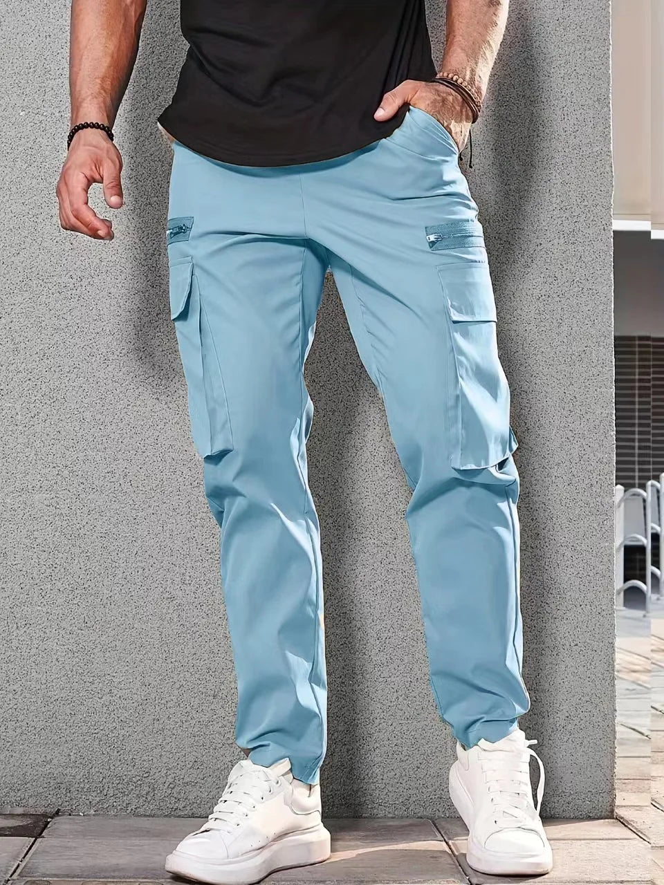 Jogger Casual Sports Zipper Decorated Cargo Pants Waist Pull Rope Men's Plus-size Braided Solid Color Zipper Cargo Pants