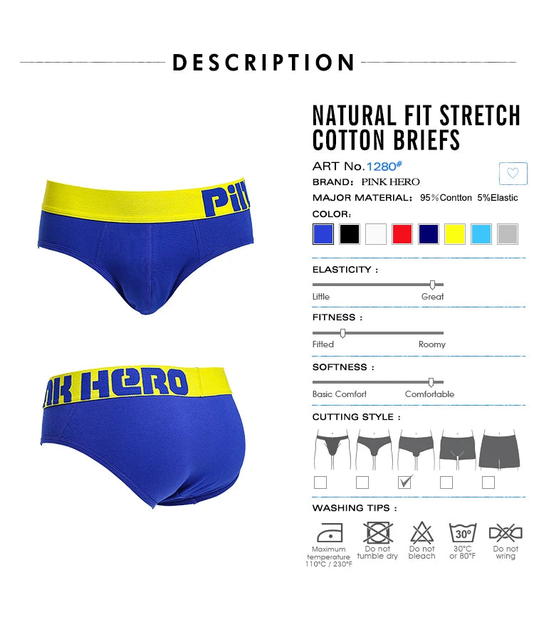 PINKHERO 1280 Men's Panties，Homens Cueca， Comfortable Cotton  Men Underwear Sexy Briefs，Patchwork Breathable Man Underpants